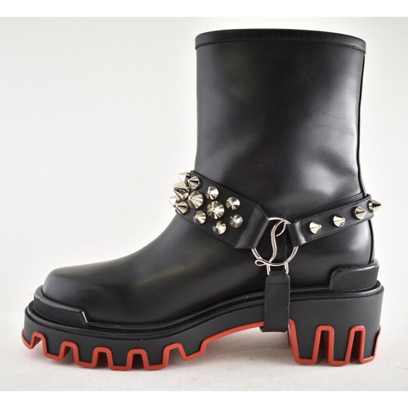 Christian Louboutin Dune Bike Spike Black Leather Platform Moto Ankle Boots 39 - Picture 14 of 16